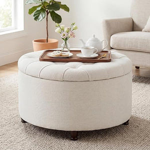 28" Round Storage Ottoman with Wooden Legs