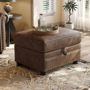 Brown Faux Leather Storage Ottoman with Nailhead Trim