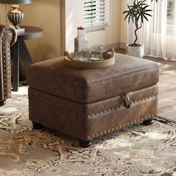 Brown Faux Leather Storage Ottoman with Nailhead Trim