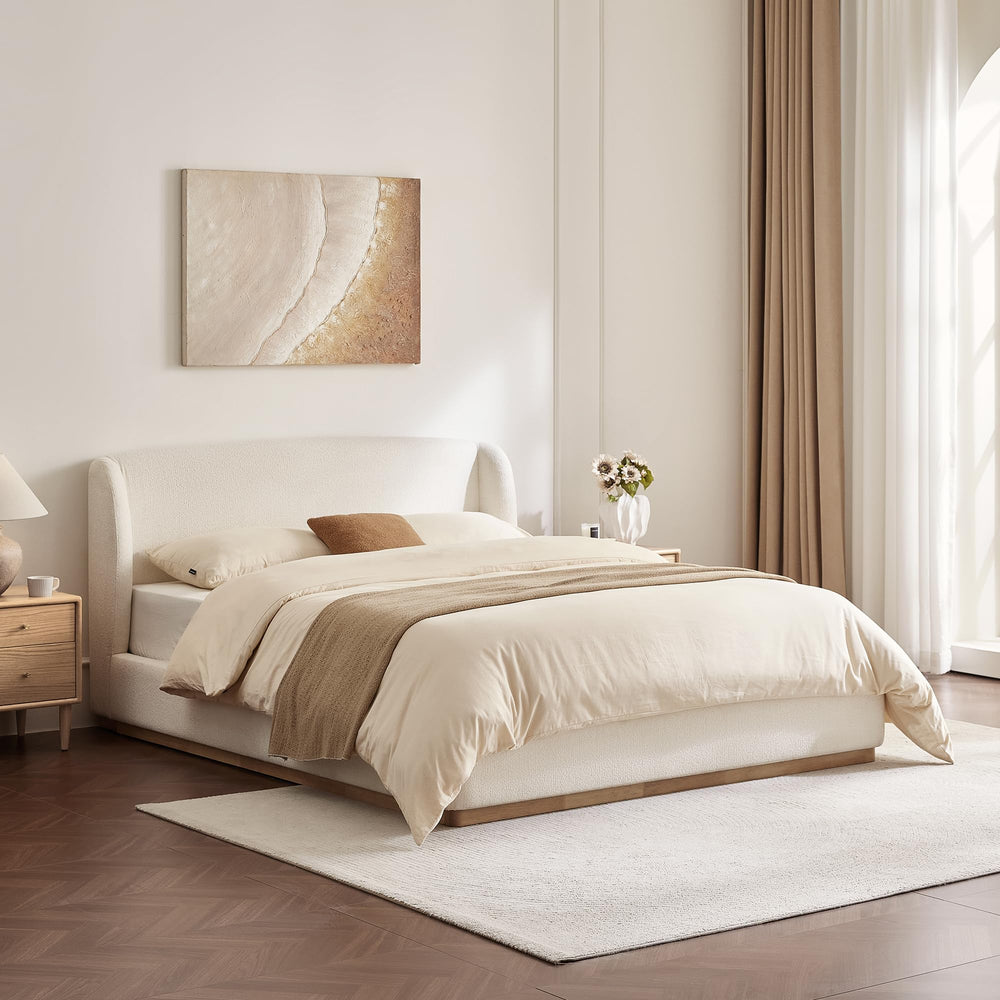 Queen Size Upholstered Platform Bed with Wingback Headboard