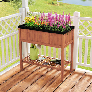 2-Tier Wooden Raised Garden Bed with Storage Shelf