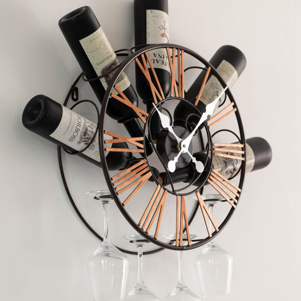 Wall-Mounted Clock Wine Rack with Stemware Holder