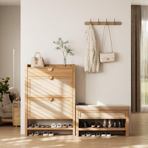 Farmhouse Shoe Bench with Storage Drawer & Linen Cushion
