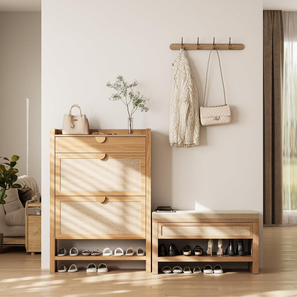 Farmhouse Shoe Bench with Storage Drawer & Linen Cushion