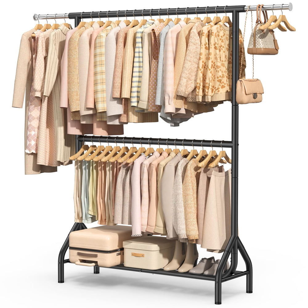Double Rod Clothing Rack with Storage Shelves