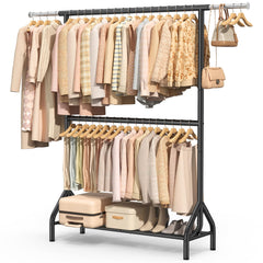 Double Rod Clothing Rack with Storage Shelves