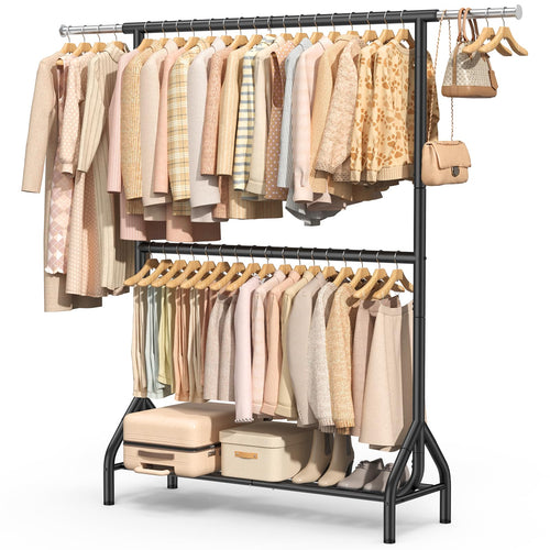 Double Rod Clothing Rack with Storage Shelves