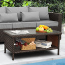Outdoor Wicker Patio Coffee Table with 2-Layer Storage and Glass Top