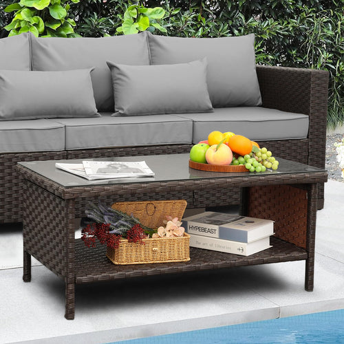 Outdoor Wicker Patio Coffee Table with 2-Layer Storage and Glass Top