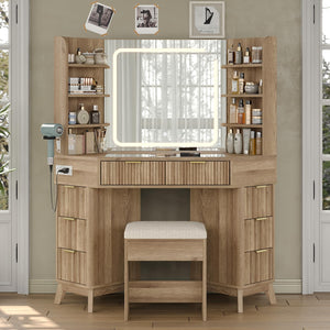Corner Vanity Desk with Mirror, Lights & 8 Drawers