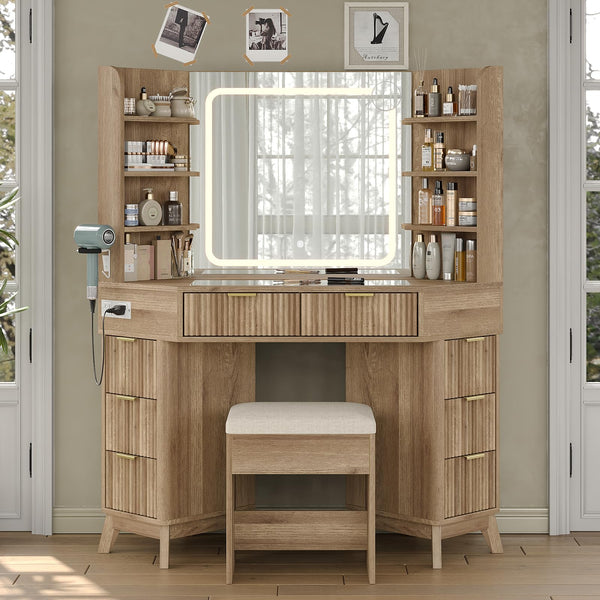 Corner Vanity Desk with Mirror, Lights & 8 Drawers