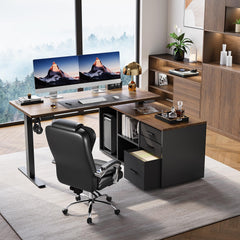 L-Shaped Electric Standing Desk with Drawers & File Cabinet