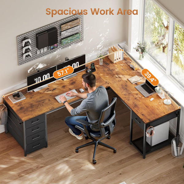 L-Shaped Desk with Drawers & Power Strip