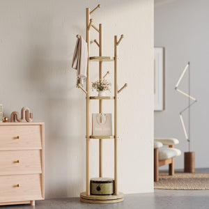 Freestanding Rotating Wood Coat Rack with Shelves and Hooks