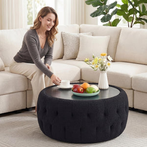 Round Storage Ottoman with Wooden Tabletop – Tufted Teddy Fleece, 30.5"