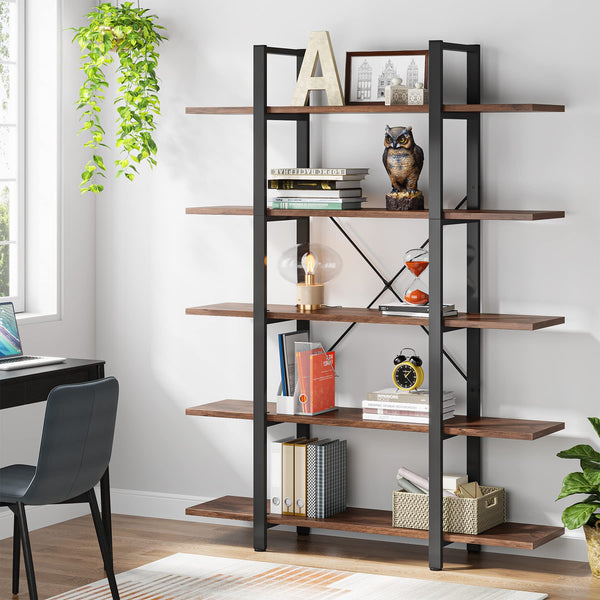 5-Tier Industrial Bookshelf 72" Tall – Metal Frame & Wood Shelves