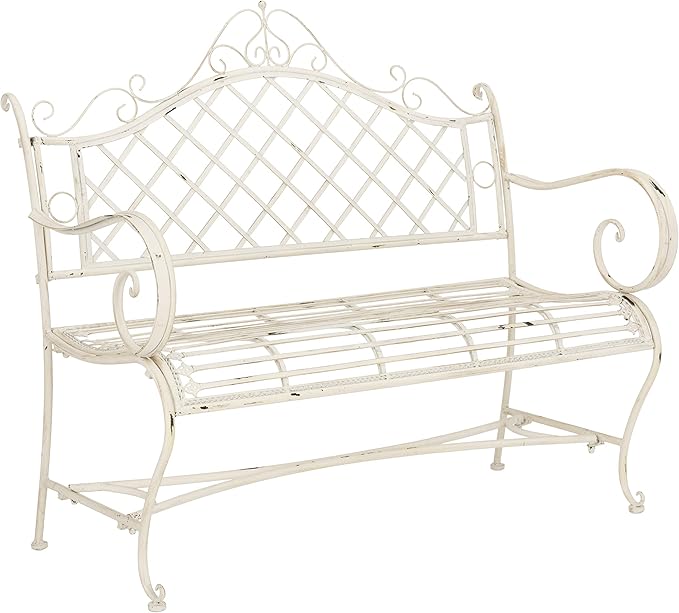 Iron Garden Bench – Antique White, Victorian Scrollwork