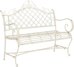 Iron Garden Bench – Antique White, Victorian Scrollwork