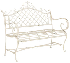 Outdoor Iron Garden Bench – Antique White Scrollwork