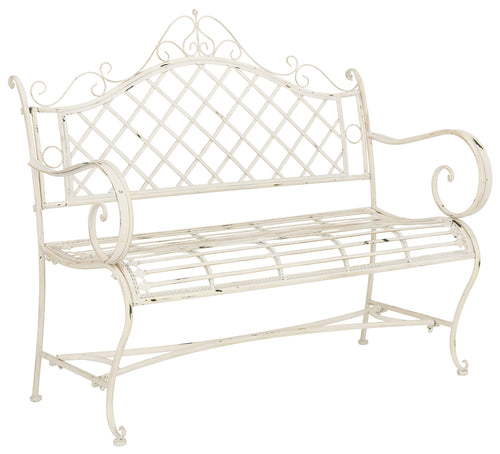 Outdoor Iron Garden Bench – Antique White Scrollwork