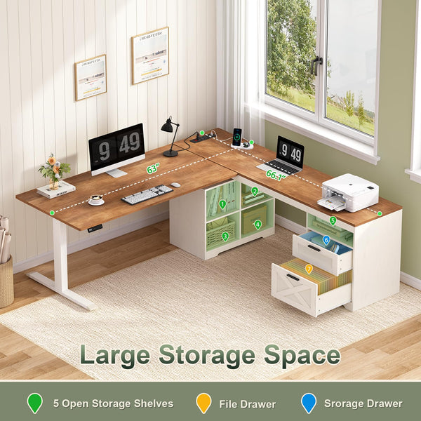 L-Shaped Electric Standing Desk with Drawers, Storage Shelves & Power Outlets, 66 Inch Corner Height Adjustable Computer Desk