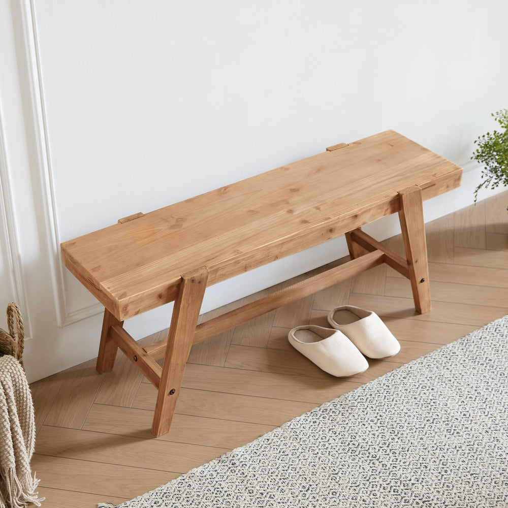 Solid Wood Farmhouse Entryway Bench – 43.3" Rustic Dining Bench with Angled Legs