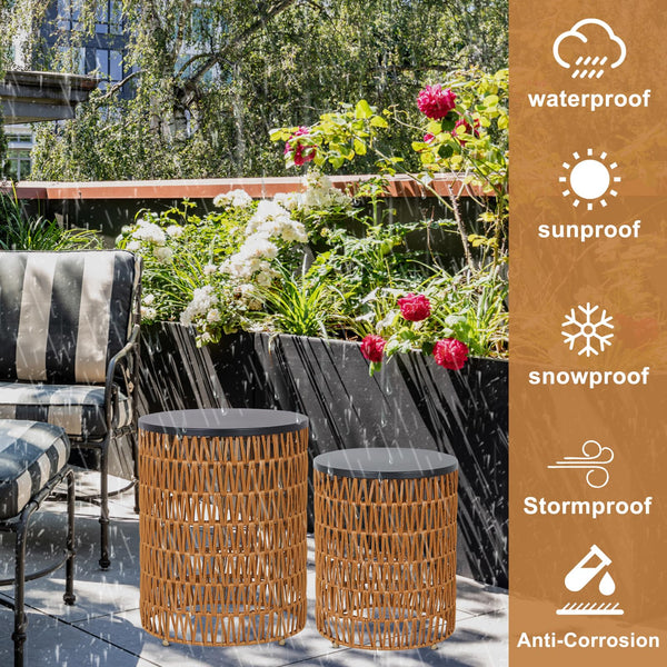 Boho Outdoor Side Table Set of 2 with Dimmable Ambient Light & Remote