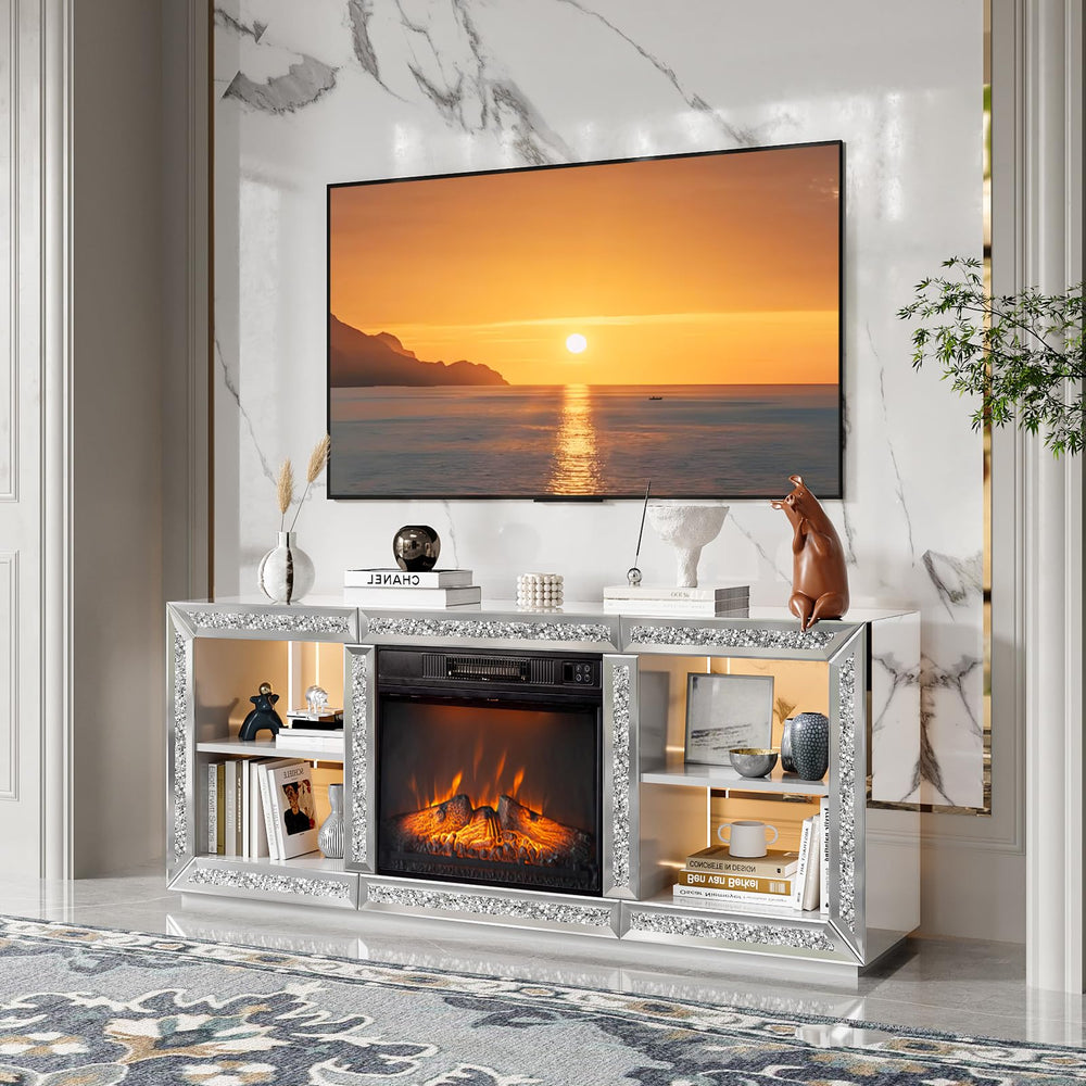 Mirrored Fireplace TV Stand with Electric Fireplace & LED Lights – Silver, 56" Wide