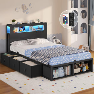 Twin Storage Bed Frame with LED Headboard & Power Outlets