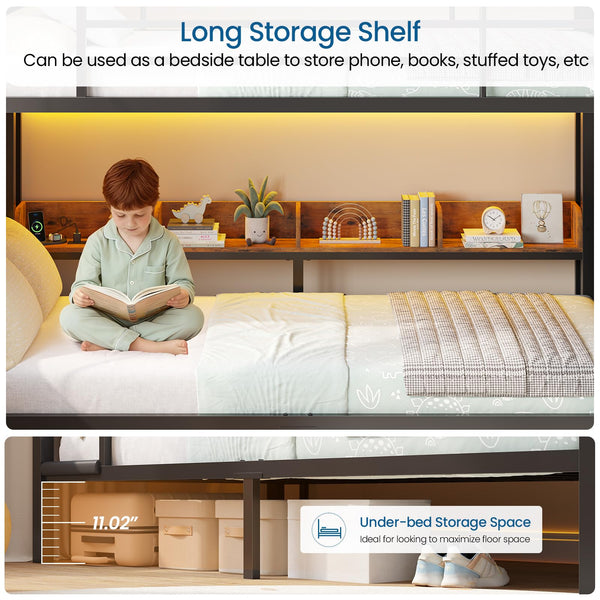 Twin Over Twin Bunk Bed with Storage, LED Lights & Charging Station