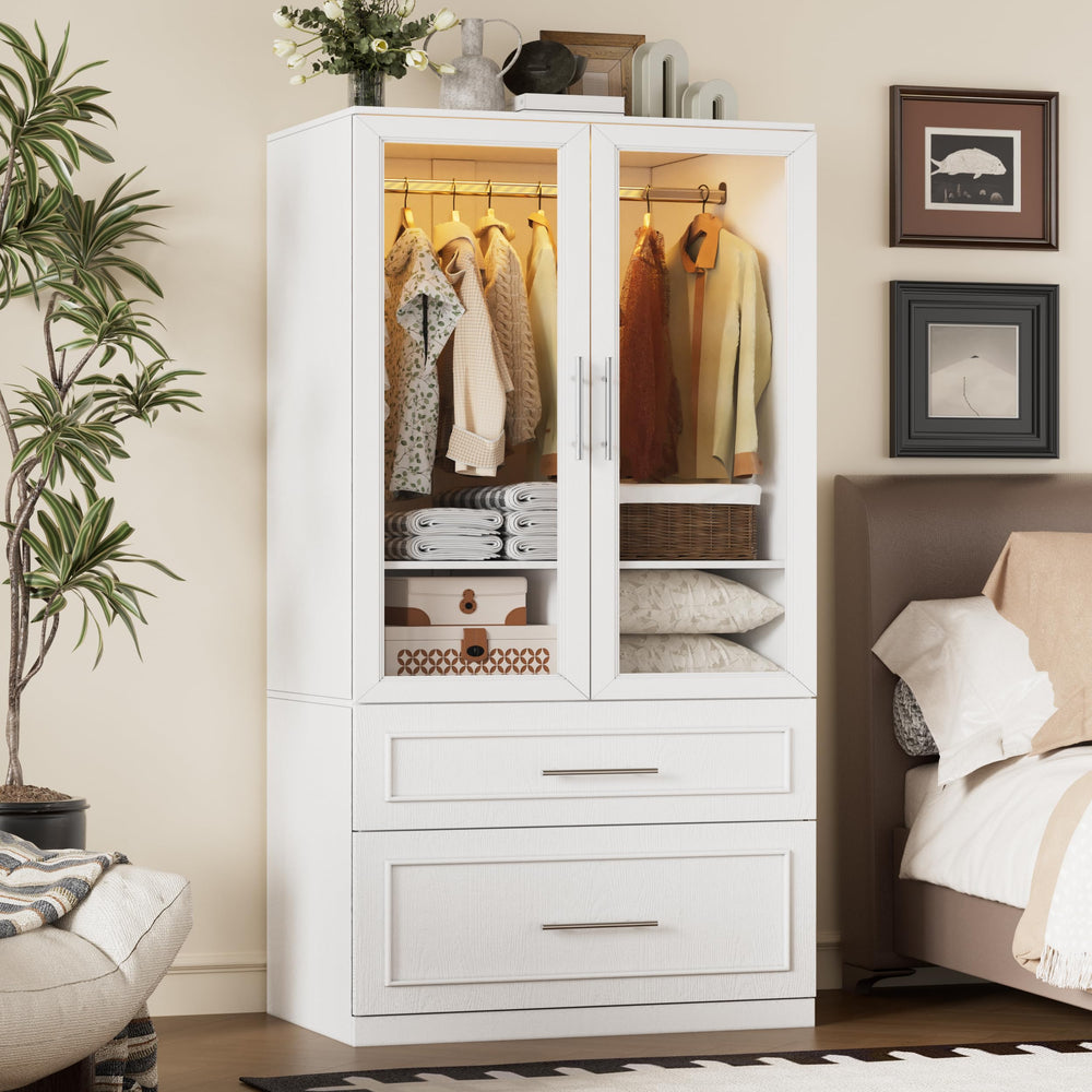 Armoire Wardrobe Closet with Glass Doors, Drawers & LED Light