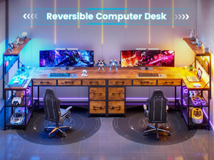 L-Shaped Desk with Hutch, 5 Drawers, Storage Shelves, Power Outlet & LED Lights