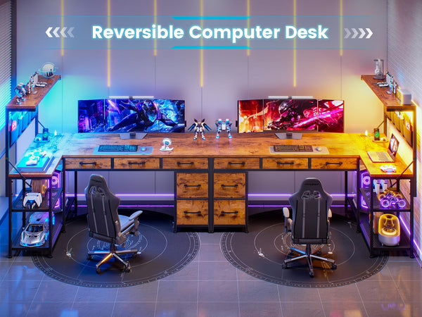 L-Shaped Desk with Hutch, 5 Drawers, Storage Shelves, Power Outlet & LED Lights