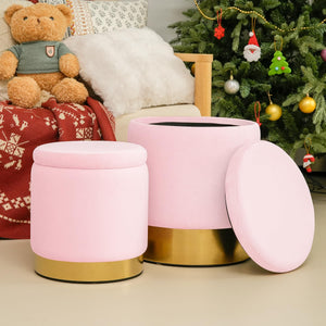 Round Velvet Storage Ottoman Set of 2 with Gold Base