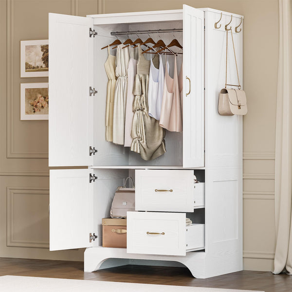 3-Door Wardrobe Armoire with Mirror, Hanging Rod & 2 Drawers – White