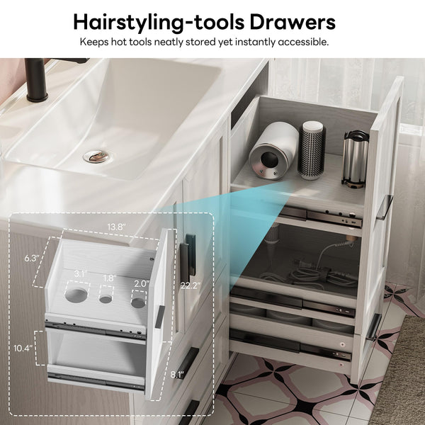 36" Bathroom Vanity with Sink and Hair Tool Drawer – 4 Drawers, 2 Doors, Undermount SMC Sink, White