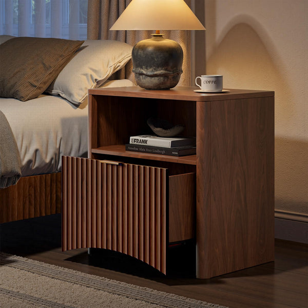 Mid-Century 3-Piece Bedroom Set – Fluted 6-Drawer Dresser & 2 Nightstands (Walnut)