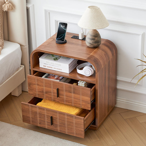 Mid-Century Modern Nightstand with Charging Station & 2 Drawers