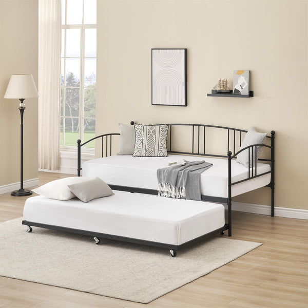 GarveeHome Daybed with Trundle, Sturdy Metal Day Bed with Steel Slat Support, Trundle Bed Twin with Arched Headboard, SofaBed for Living Room, Bedroom and Guest Room, Black