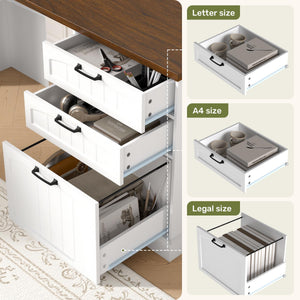 59" Farmhouse L-Shaped Desk with Power Outlets & Storage Cabinet