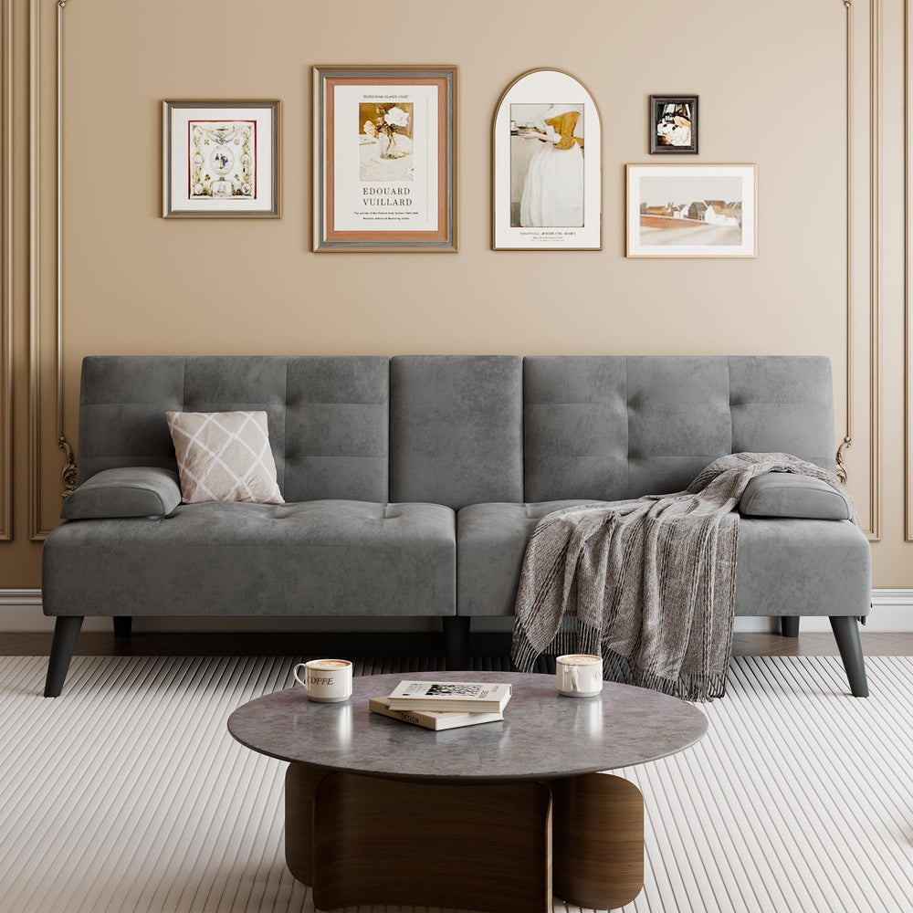 Convertible Futon Sofa Bed with Cup Holders & Adjustable Backrest
