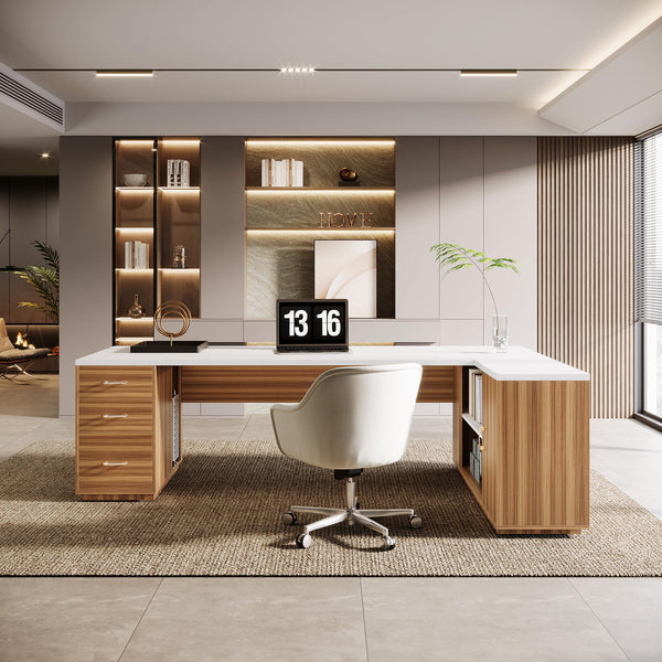 L-Shaped Executive Office Desk with File Drawers & Storage Cabinet