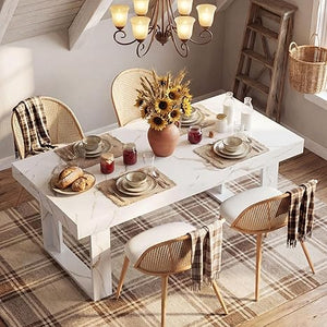 Extendable Farmhouse Dining Table Set with 4 Rattan Chairs