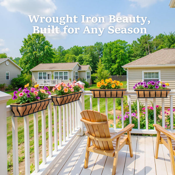 Iron Railing Planter Box with Coco Liner & Support Rod