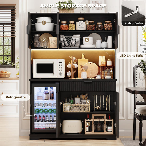 Fluted Kitchen Pantry with Wine Fridge & LED Bar Cabinet
