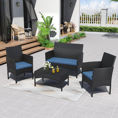 4-Piece Outdoor Rattan Patio Conversation Set with Cushions & Glass Table