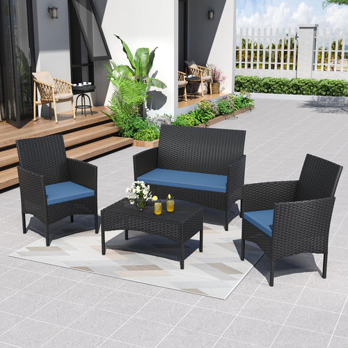 4-Piece Outdoor Rattan Patio Conversation Set with Cushions & Glass Table