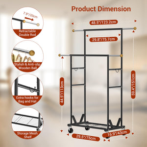 Rolling Garment Rack with Double Rod, Lockable Casters & Mesh Shelf