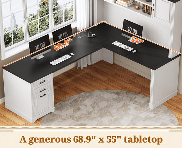 L-Shaped Desk with Hutch, Drawers & Power Outlet