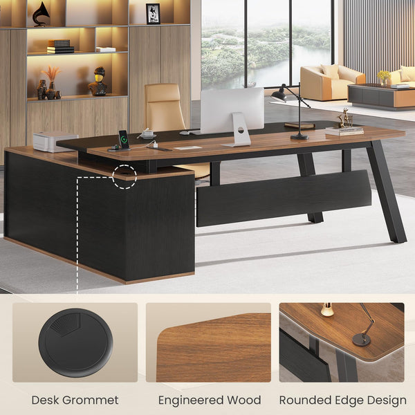 L-Shaped Executive Desk with File Cabinet & Power Outlets